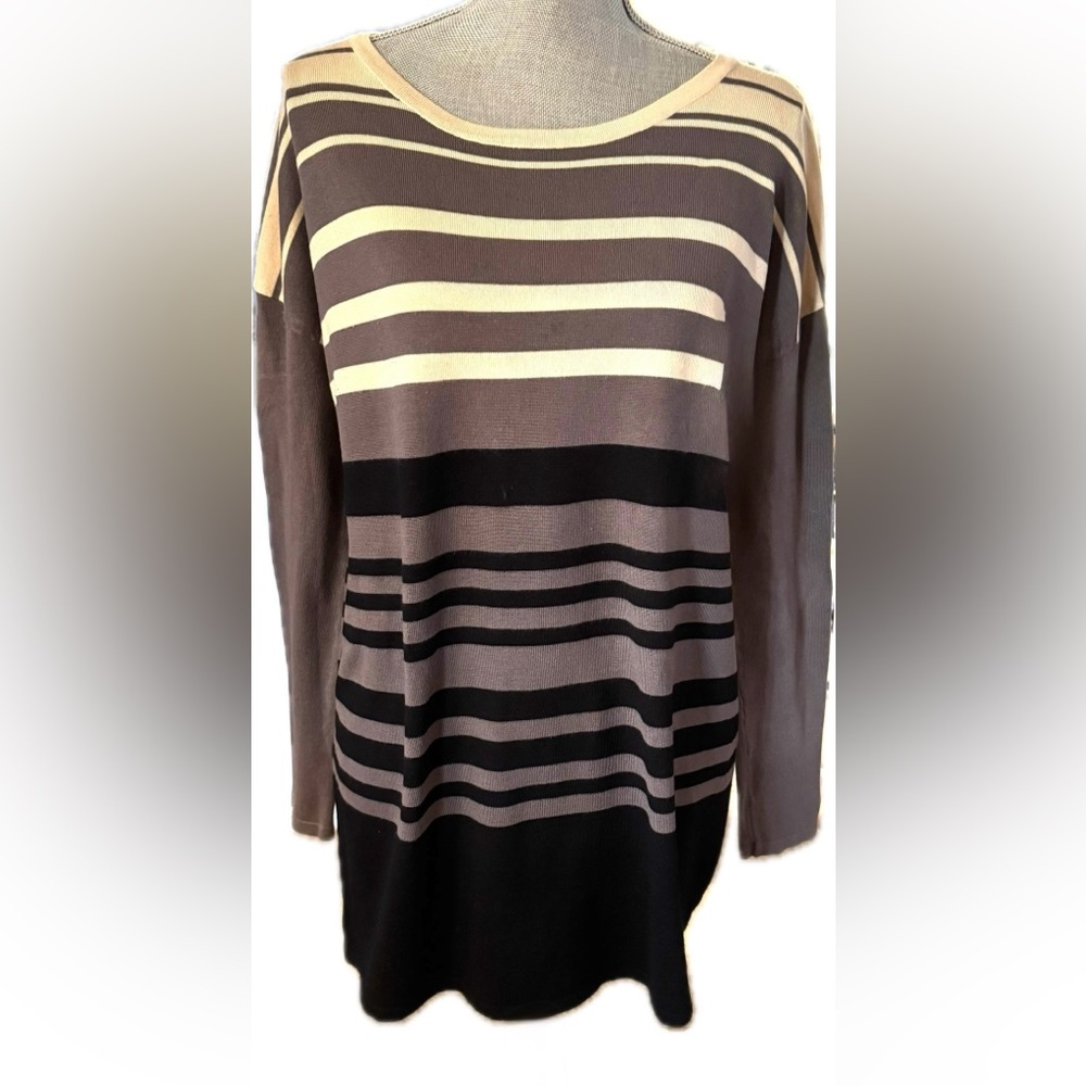 CYRUS Tunic sweater, coffee, black, pale yellow boatneck long sleeve Excellent L